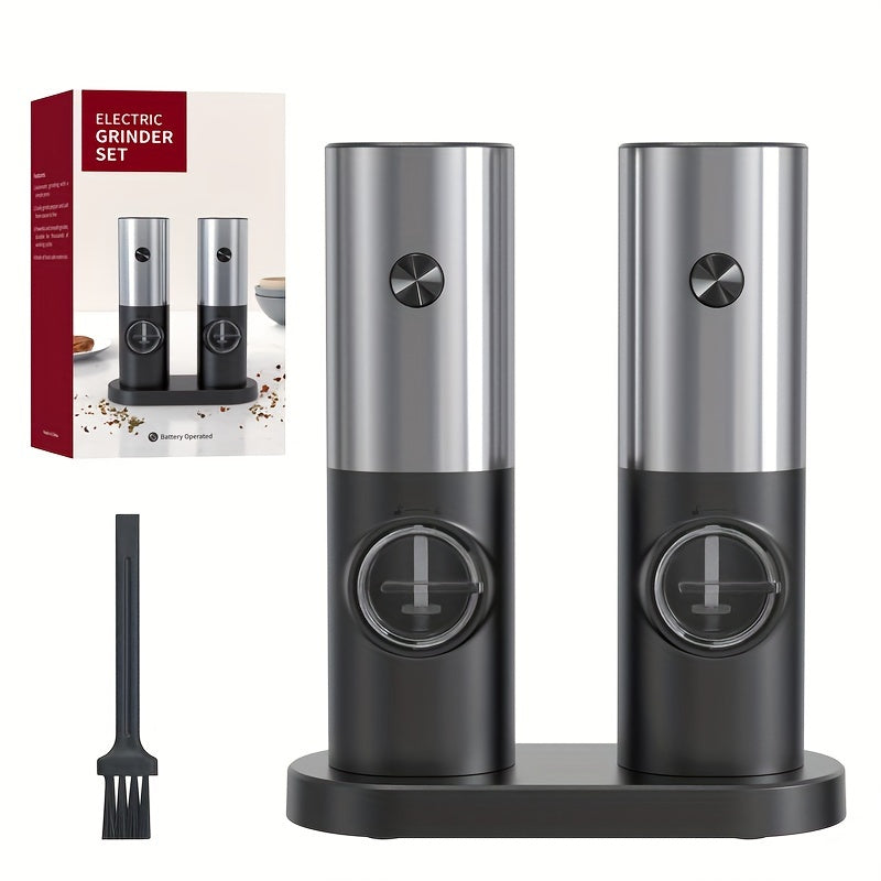 Set of 2 Stainless Steel Electric Salt and Pepper Mills with Holder