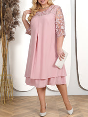 Plus Size Mother of the Bride Dress with Embroidered Chiffon Patchwork and Round Neck
