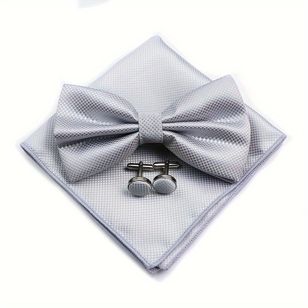 Set of 3 Wedding Accessories for Grooms and Groomsmen Bowtie Cufflinks and Pocket Towel