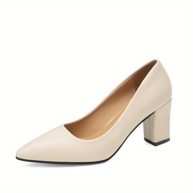 Women's Pointed Toe Court Pumps Solid Color Slip-On Block Heels for Office
