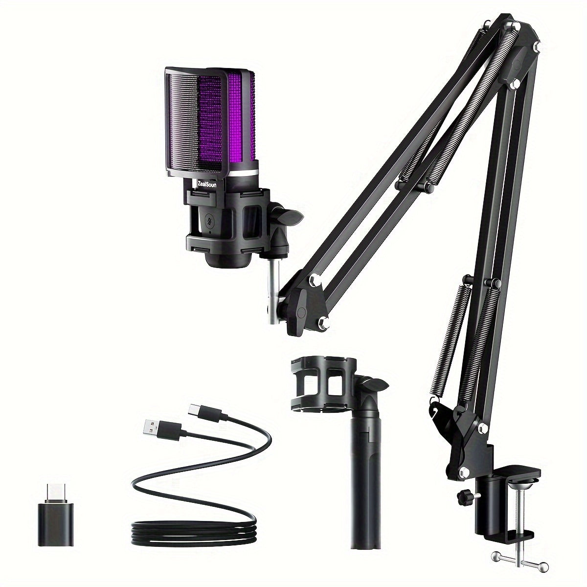 USB Gaming Microphone Kit with RGB Light Boom Arm for Streaming and PC Black