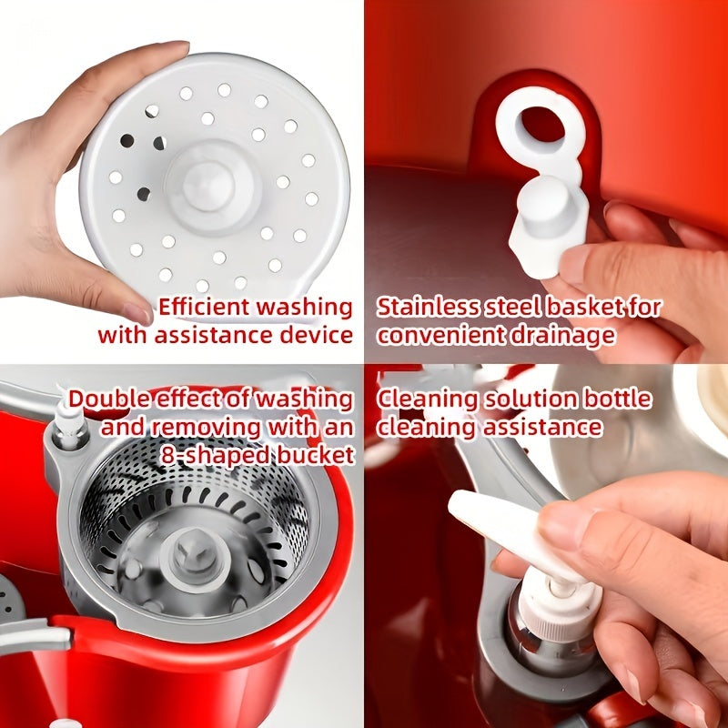 Juego de fregona y cubo de acero inoxidable con cabezales de microfibra para limpieza en seco y húmedo