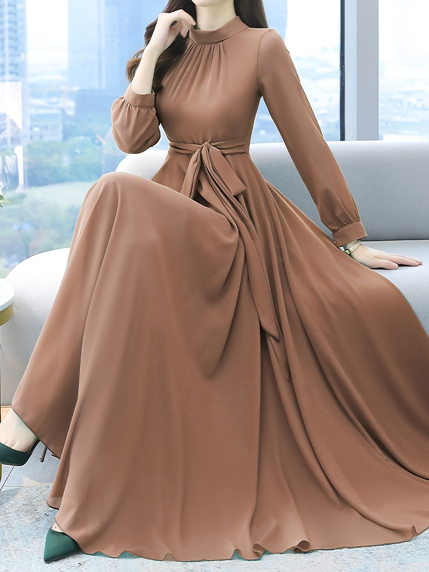 Women's Solid Color Polyester A-Line Dress with Crew Neck and Waist Detail