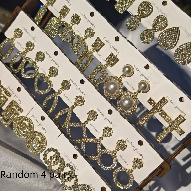 To'rt juft porloq rhinestone osma quloq uzuklaridan iborat hashamatli sovg'a to'plami