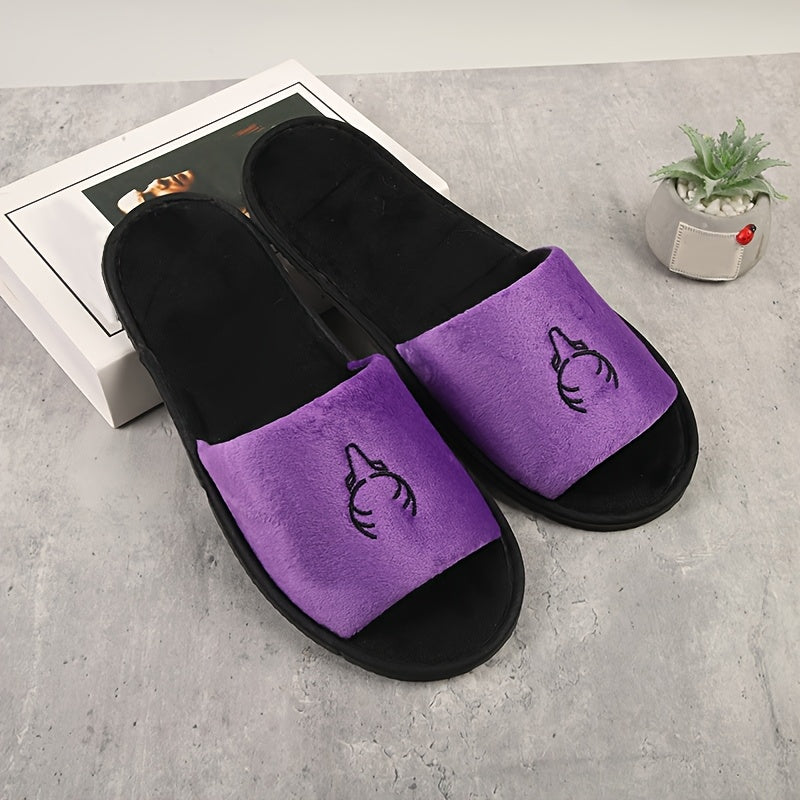 Women's Black Flannel Open-Toe Slippers for Hotel Travel and Home