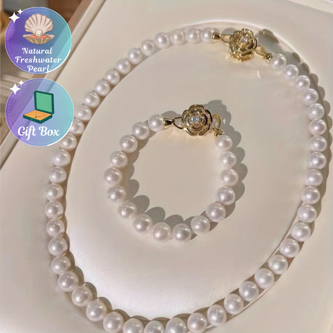 Elegant Freshwater Pearl Jewelry Set with Camellia Clasp Necklace and Bracelet for Special Occasions