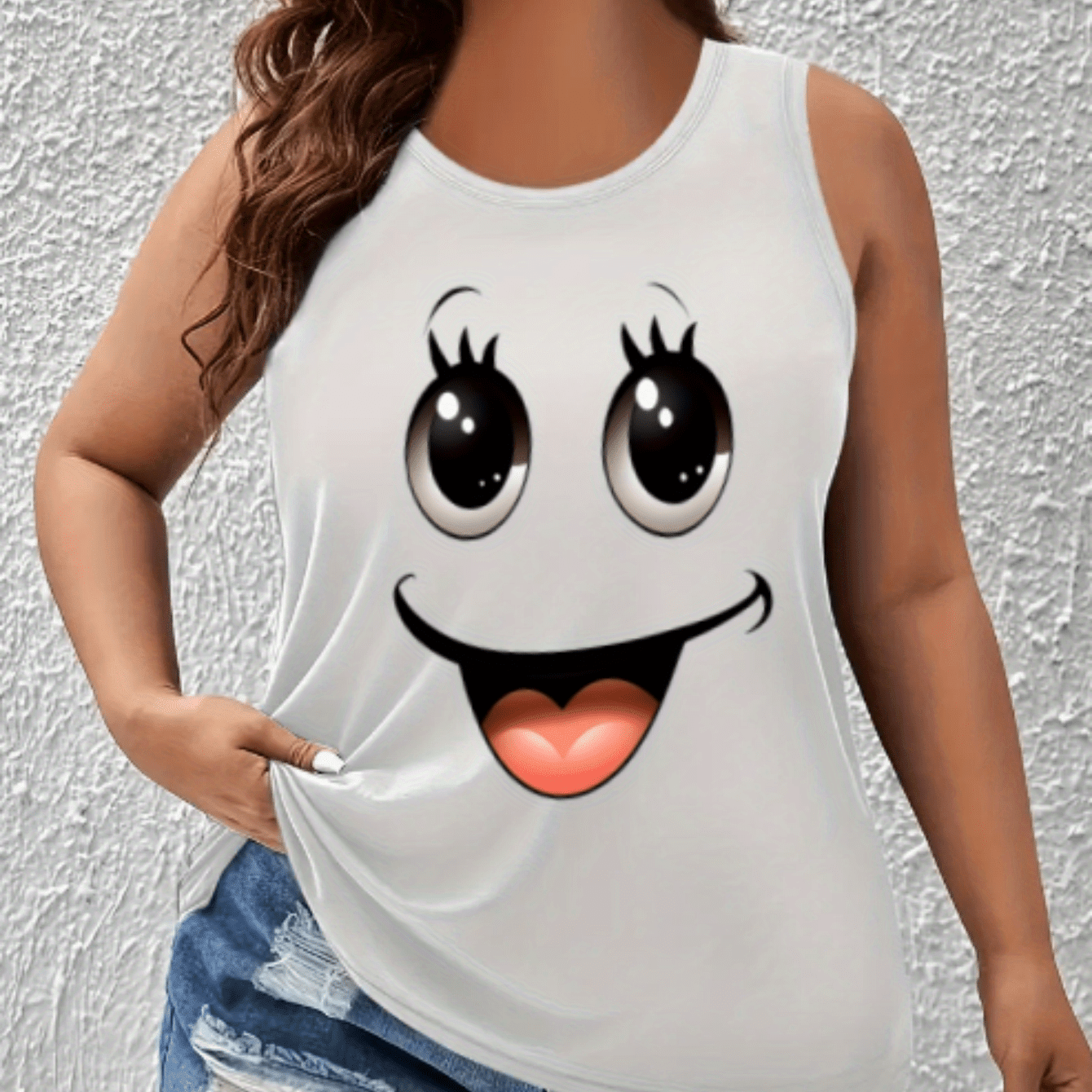 Plus Size Women Cotton Tank Top Cartoon Face Print Sleeveless Casual Summer Clothing