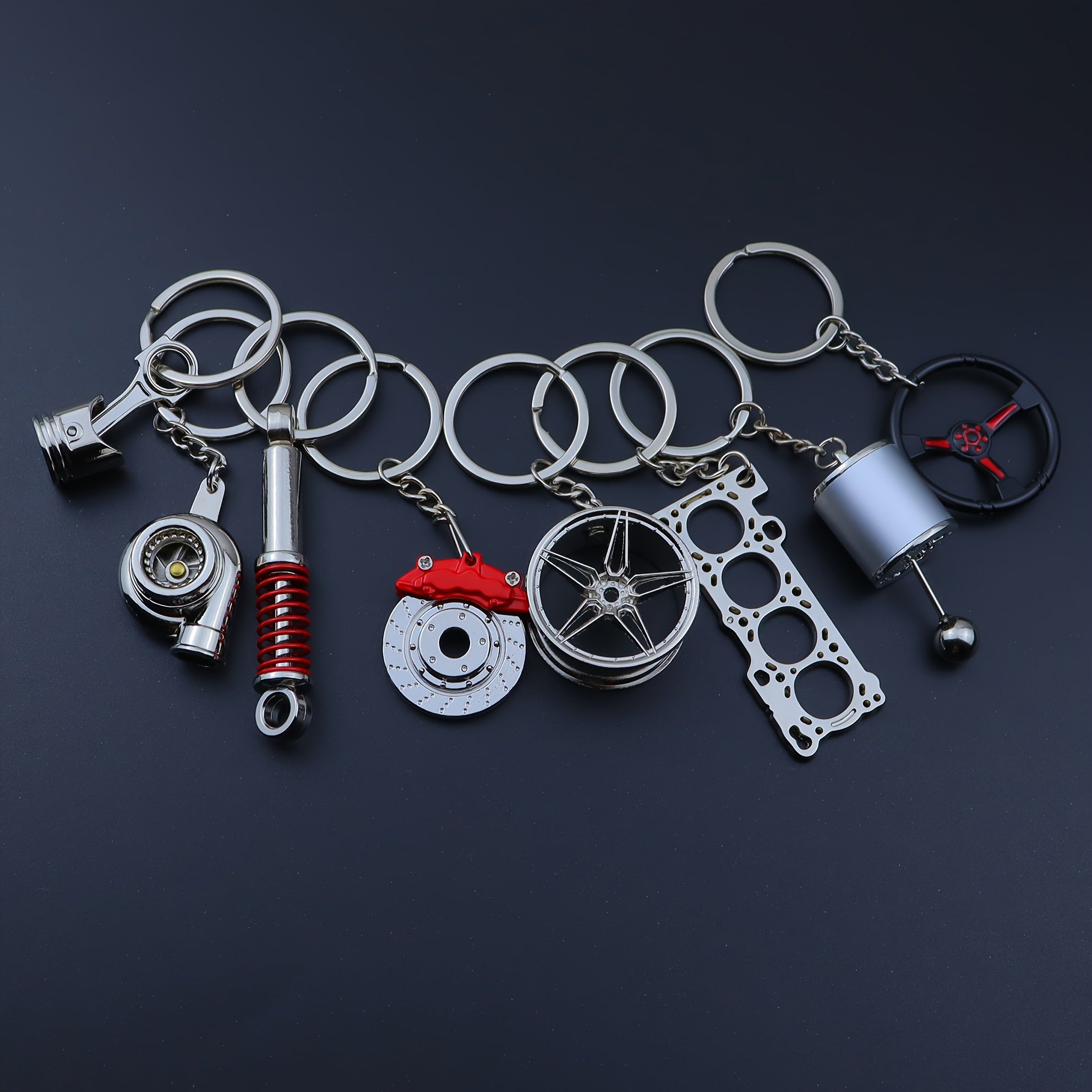 Car Enthusiast Keychain Set - 8 Black Zinc Alloy Engine Component Keychains