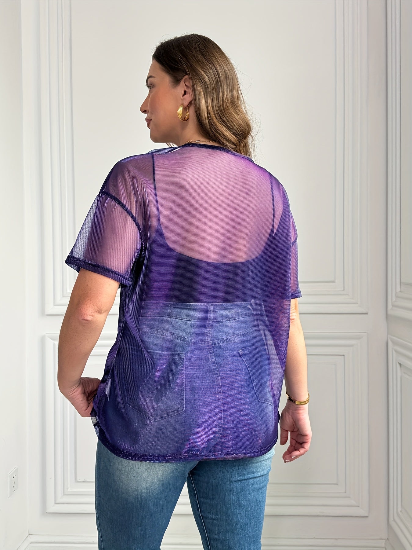 Women’s Crew Neck Short Sleeve Half Transparent Pullover Top Loose Plus Size Spring Summer