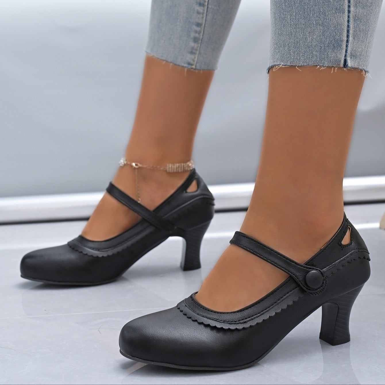 Women's Synthetic Chunky Mid-Heel Pumps with Round Toe and Decorative Strap