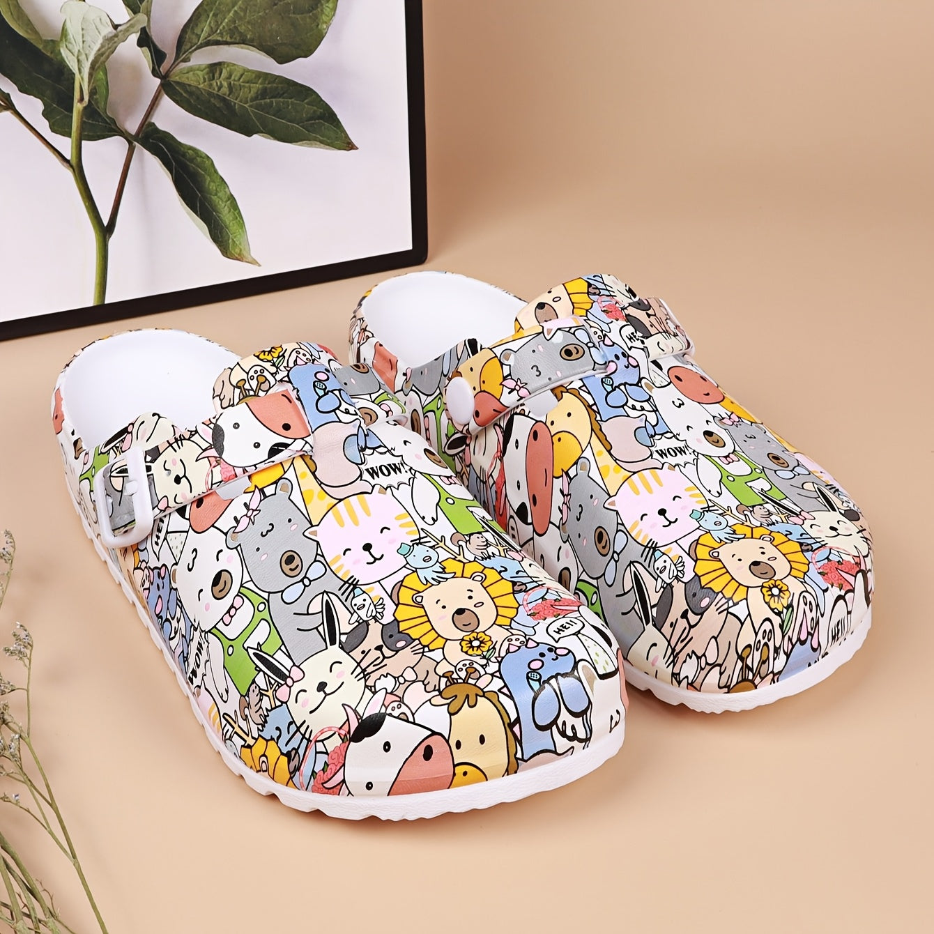 Women's EVA Animal Print Mules Clogs Flat Heel Non-Slip Easy Clean