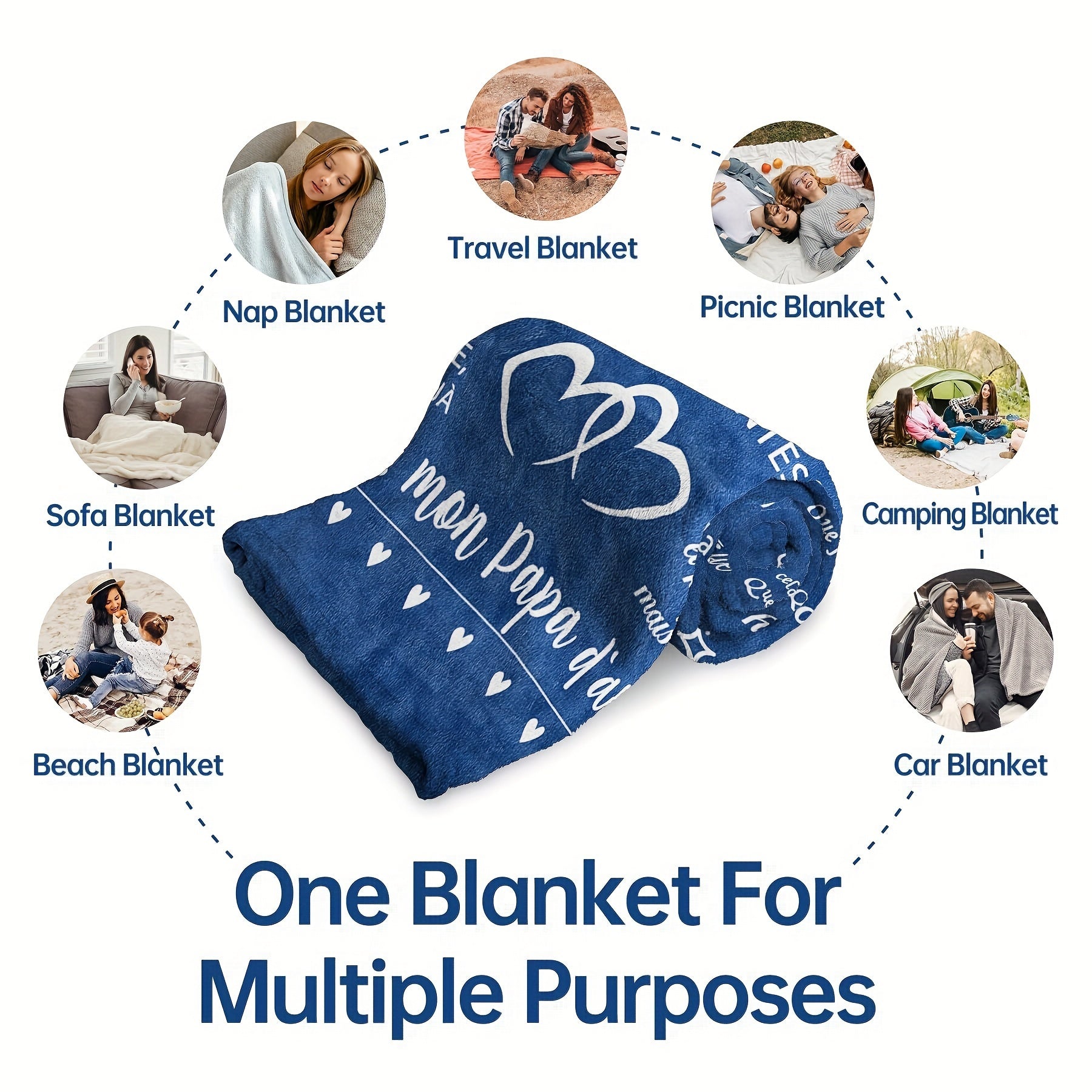 Contemporary French Letter Print Flannel Throw Blanket Hypoallergenic Machine Washable Tear-Resistant for Couch Bed Camping Travel