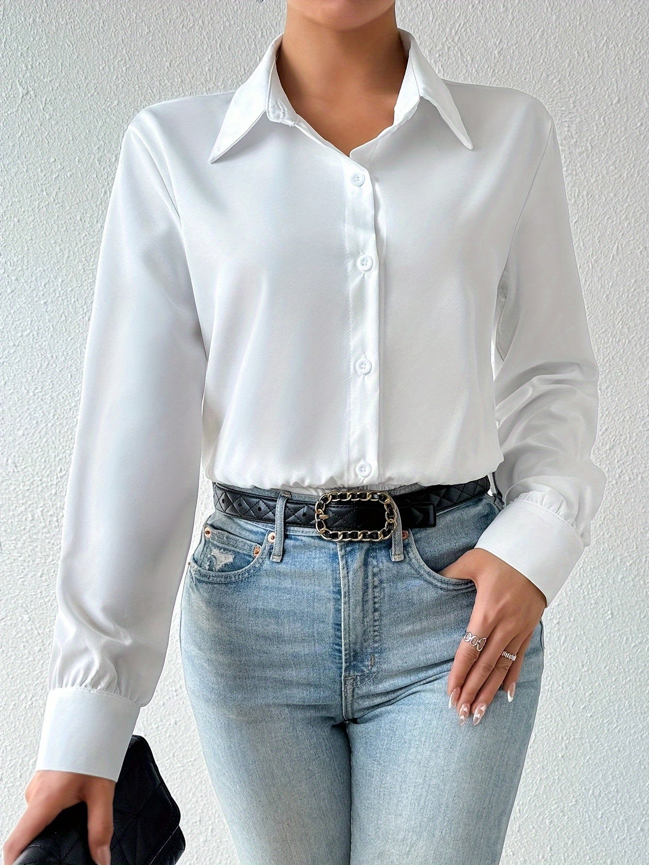 Body de manga larga de color sólido para mujer con cuello y botones en el frente