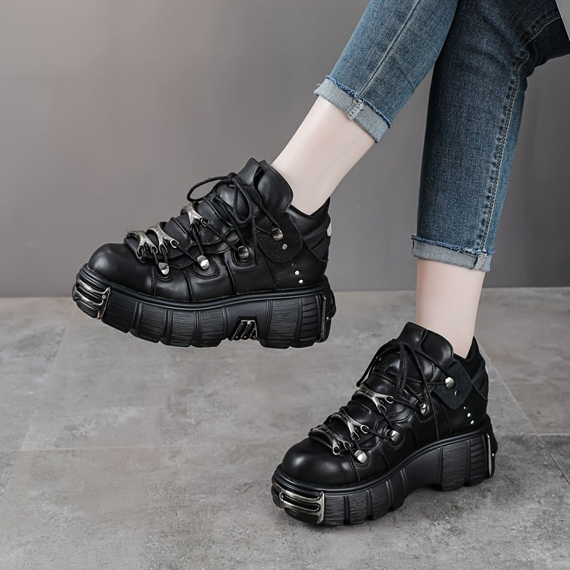 Women's Punk Style High Heel Ankle Boots Black Round Toe Lace-Up Mesh