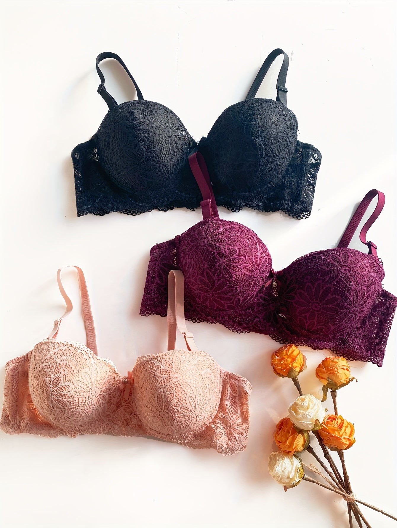 Women's Lace Push Up Bras with Contrast Design and Bow Tie Detail