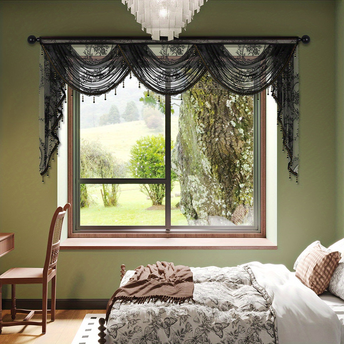 European Style Wave Curtain with Black Lace Valance and Flower Pattern for Living Room Windows