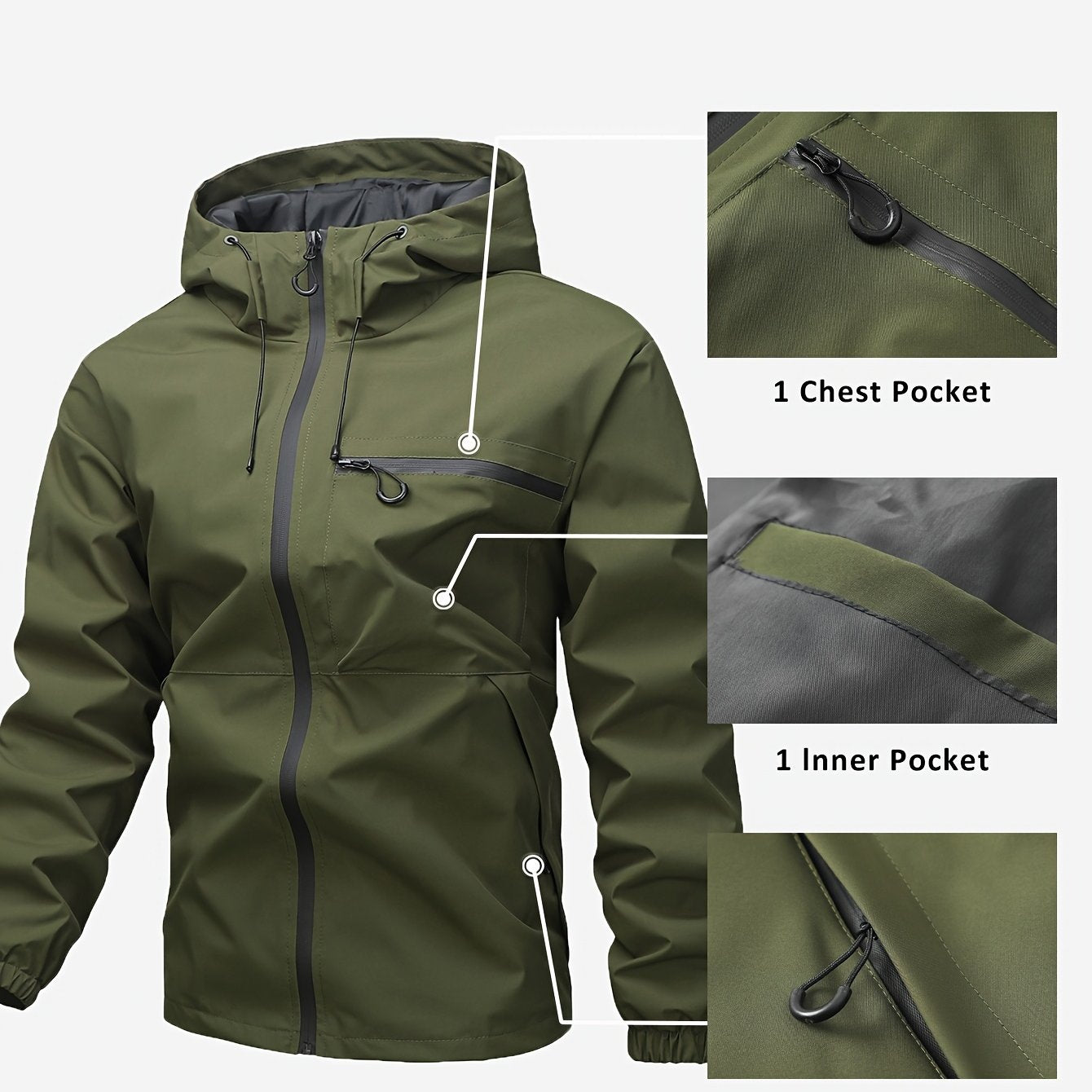 Men's Waterproof Windproof Hooded Jacket with Multi-Pockets Solid Color Outdoor Sports