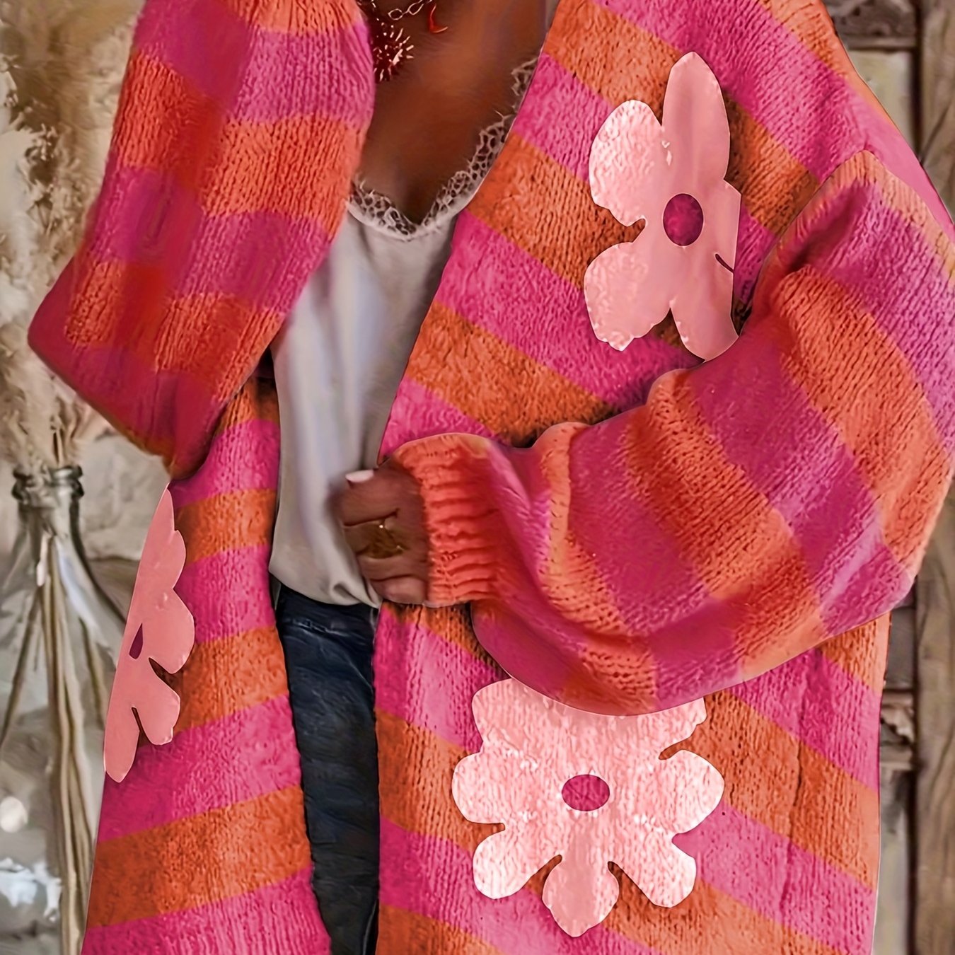 Cárdigan de punto para mujer talla grande, suéter de manga larga con abertura frontal, con estampado floral en rosa pastel y naranja