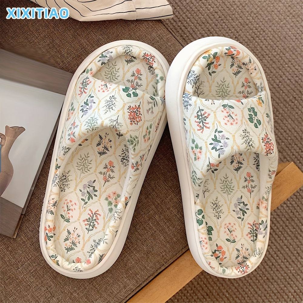 Women Linen Slippers Solid Color Non-Slip Floor Shoes for All Seasons