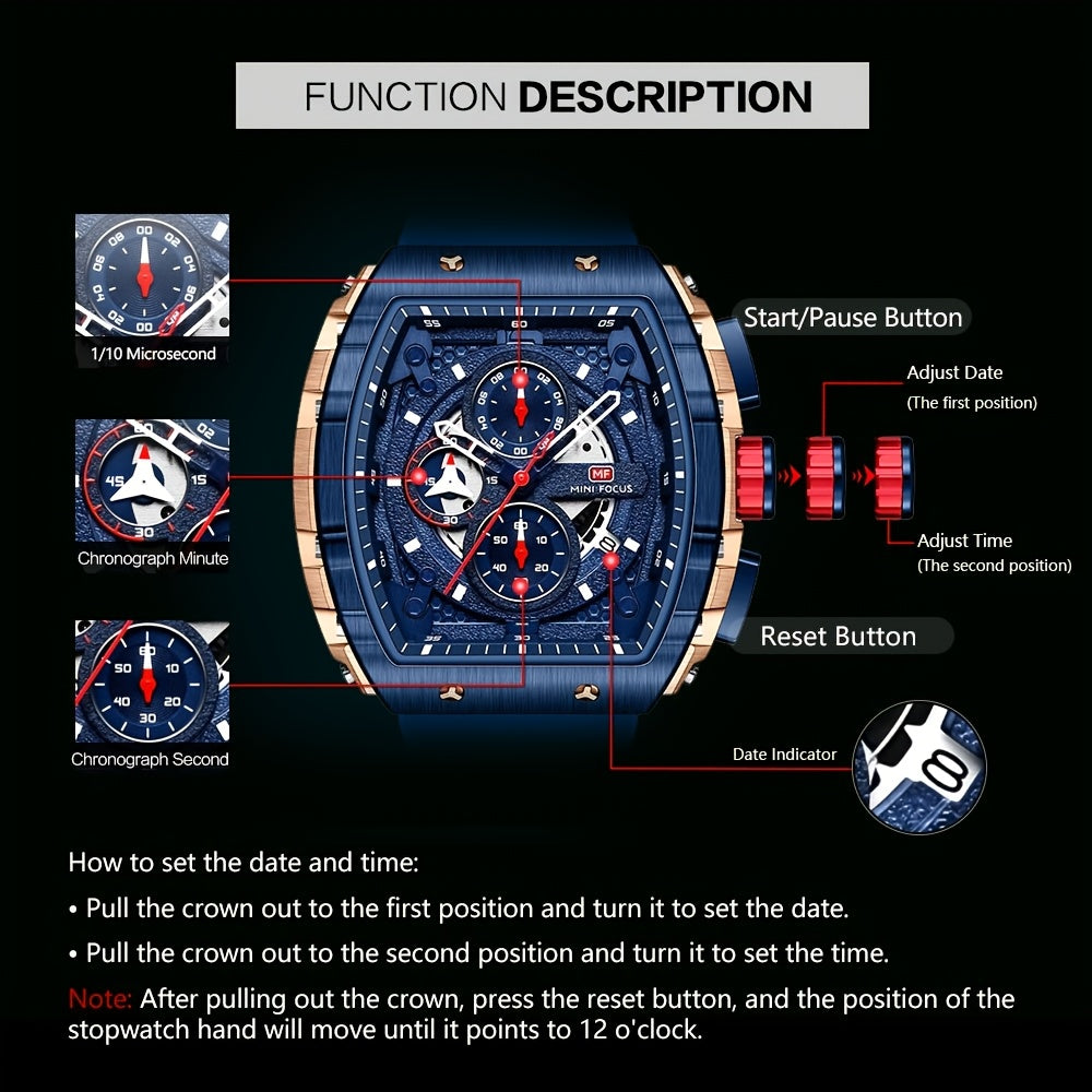 Women's Mini Focus Chronograph Quartz Watch Tonneau Pointer Silicone Strap Auto Date