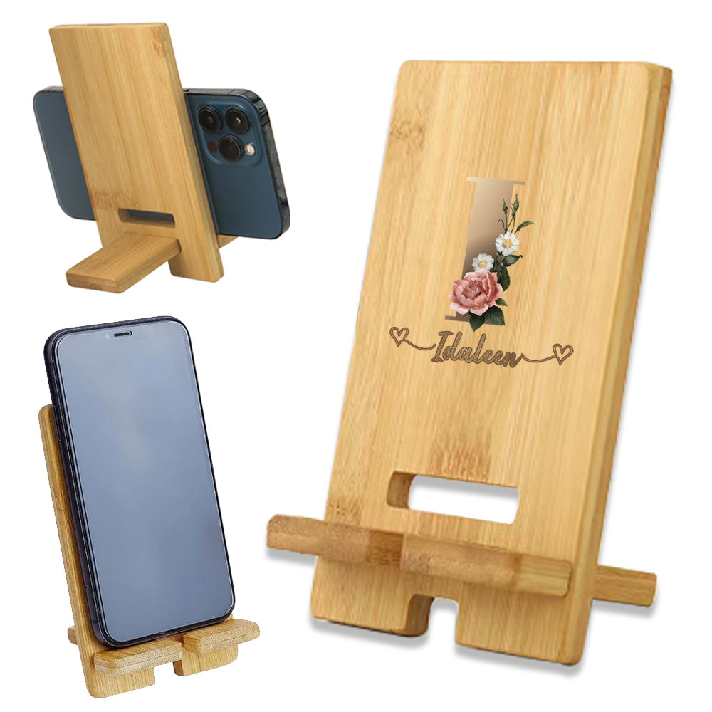 Customized Wooden Phone Stand with Detachable Desk Holder and Engraved Name in Light Brown Cork