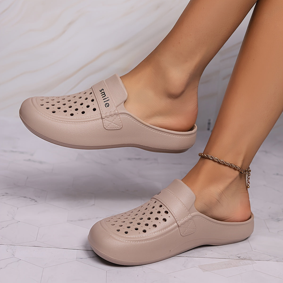 Women's Black EVA Mules with Smile Print Flat Casual Footwear