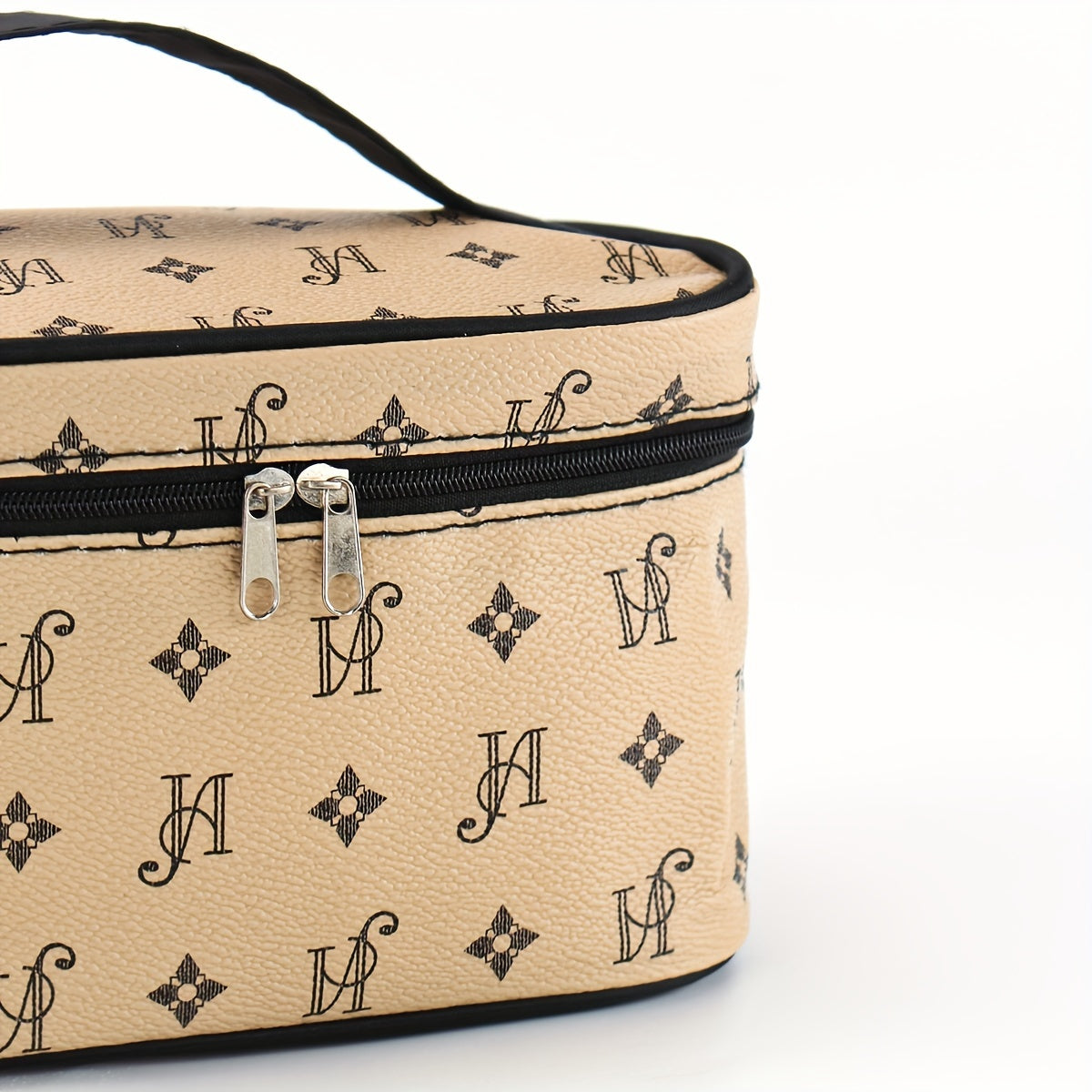 Minimalist Beige Synthetic Leather Makeup Bag with Black Handles and Zippers