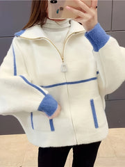 Women's Red Polyester Knit Cardigan with Hooded Zip-Up Jacket and Contrast Trim