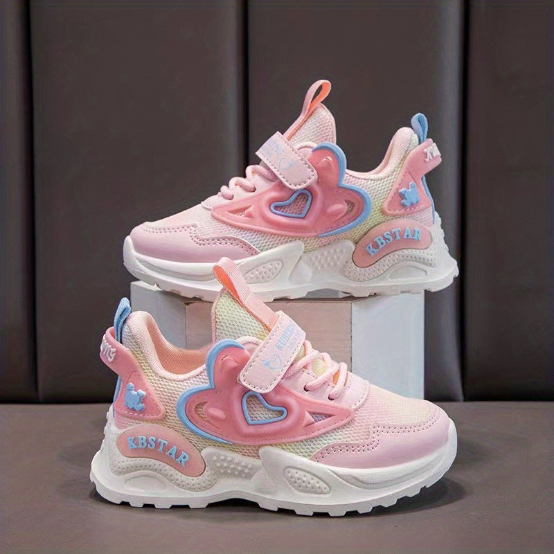Girls Pink Casual Sneakers with Heart and Star Design Breathable Lightweight All-Season