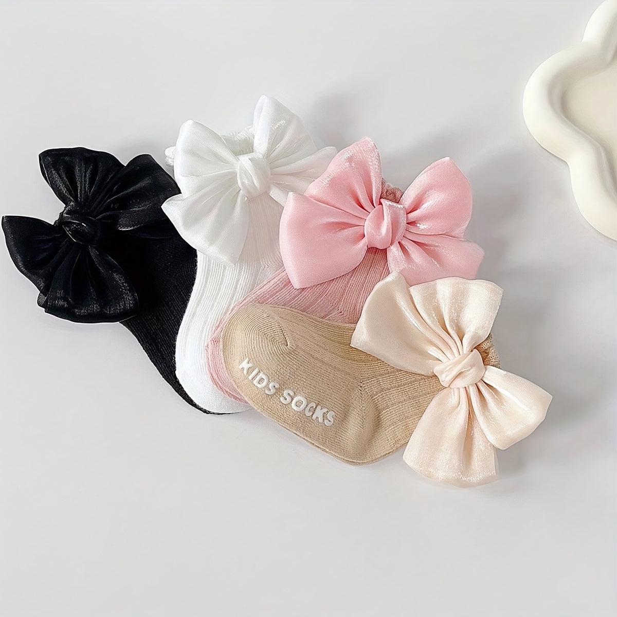 Girls' Mid-Calf Socks 4 Pairs Breathable Knit with 3D Bow in Black White Pink Beige