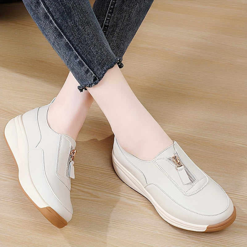 Women’s Zipper Sneakers White Brown Two-Tone Casual Shoes
