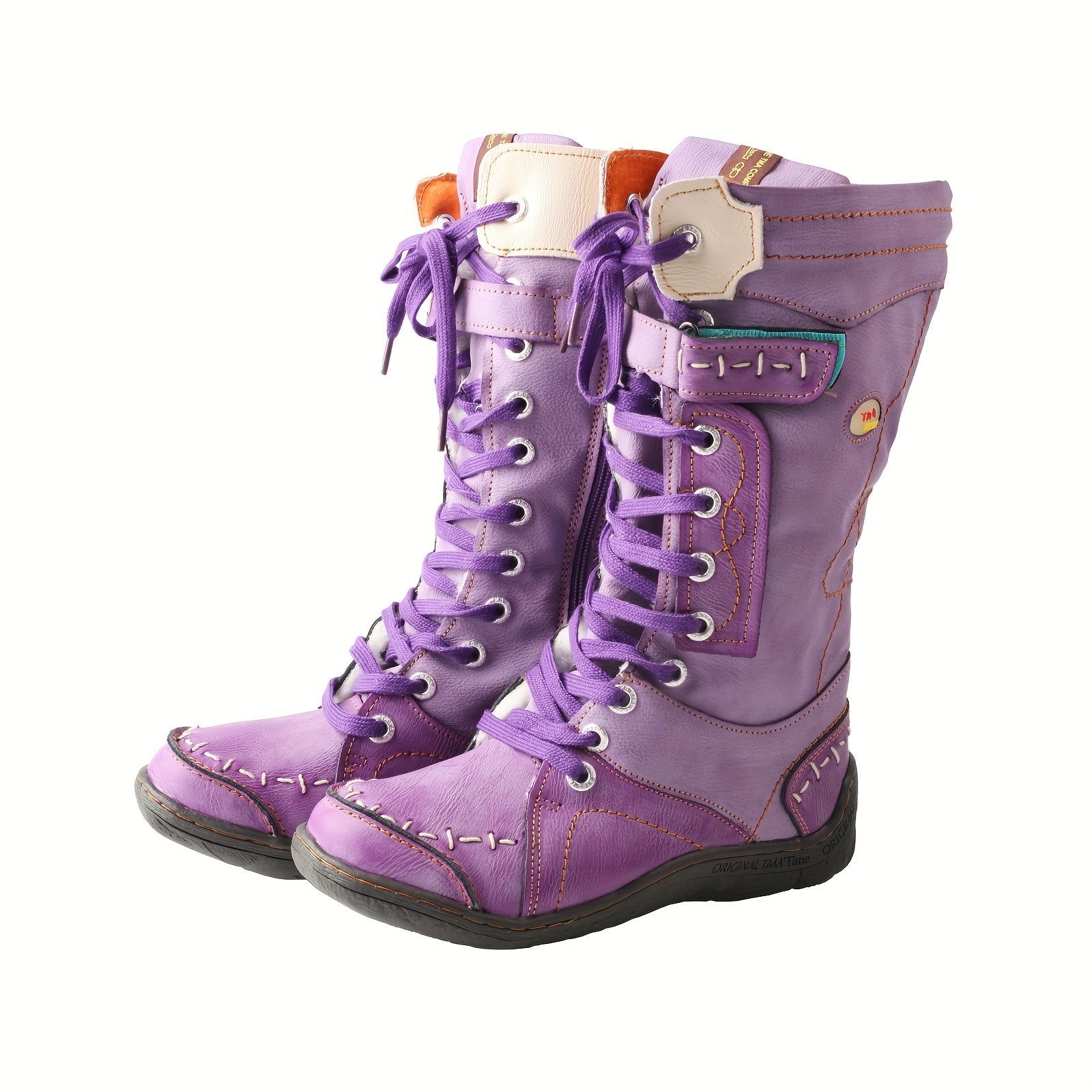 Women's Leather Fleece Lined Color-Blocking Hiking Boots Non-Slip Mid-Calf