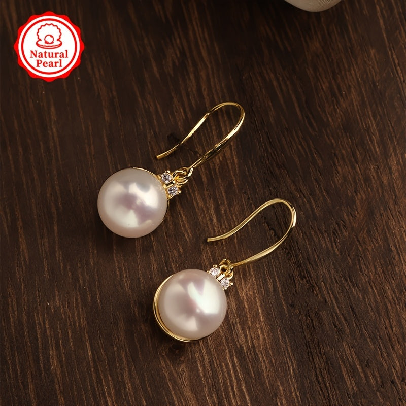 Women’s Vintage-Inspired Freshwater Pearl Drop Earrings 10mm Flat Round Cubic Zirconia