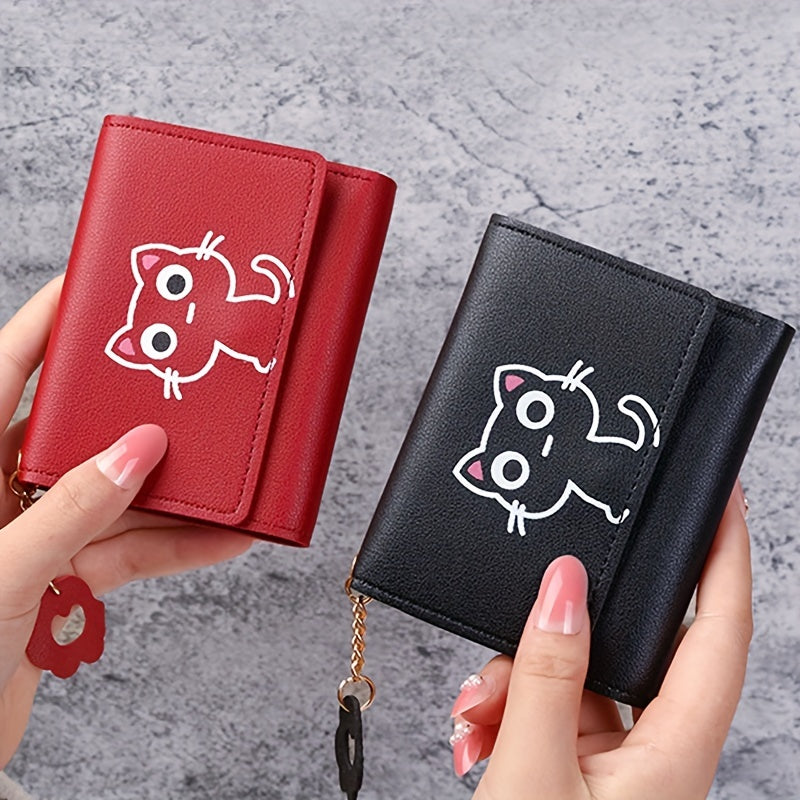 Girls' Faux Leather Pink Cat Tri-Fold Wallet with Keychain Stain-Resistant Lightweight Compact Coin Purse