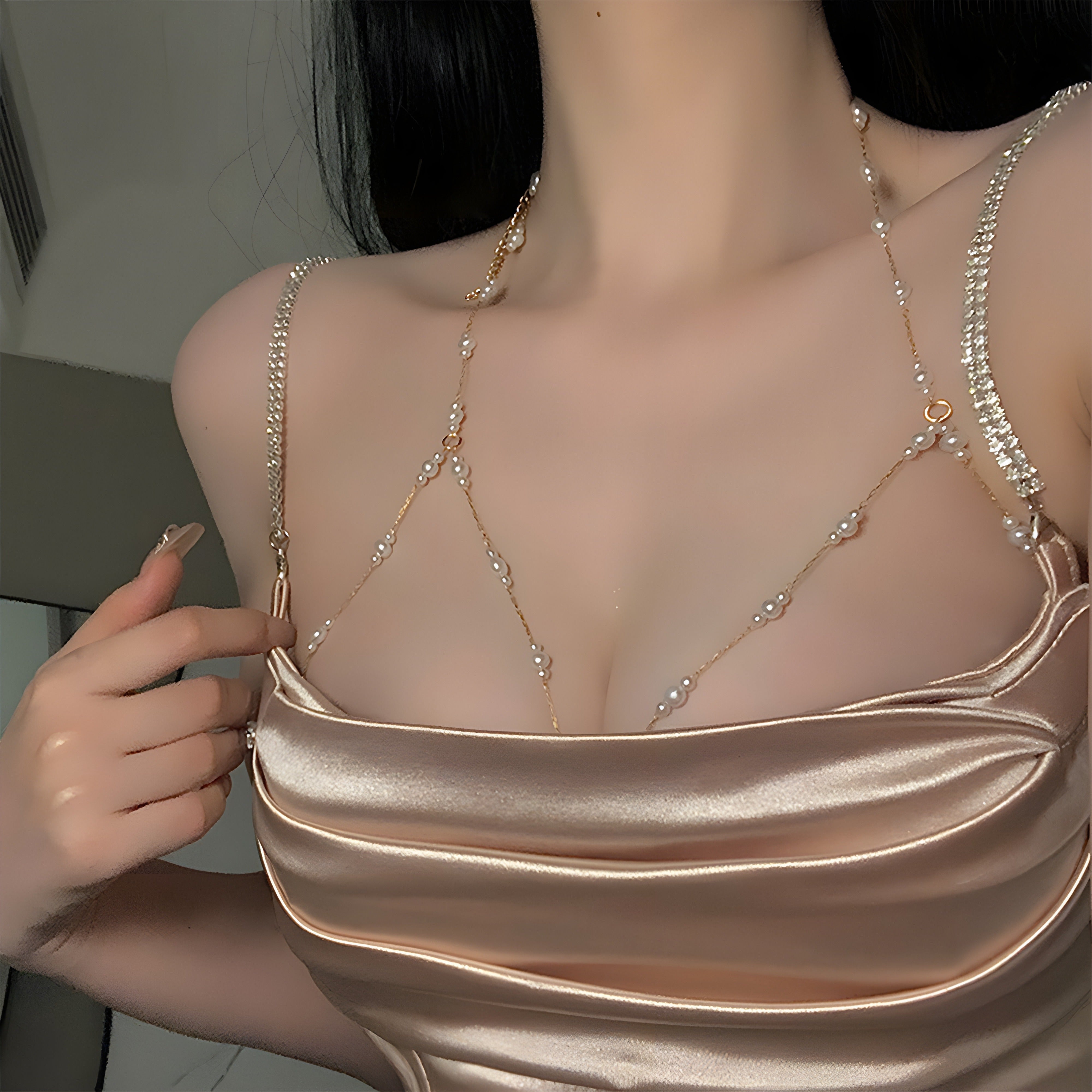 Women's Body Chain with Gold Imitation Pearls for Party and Night Out
