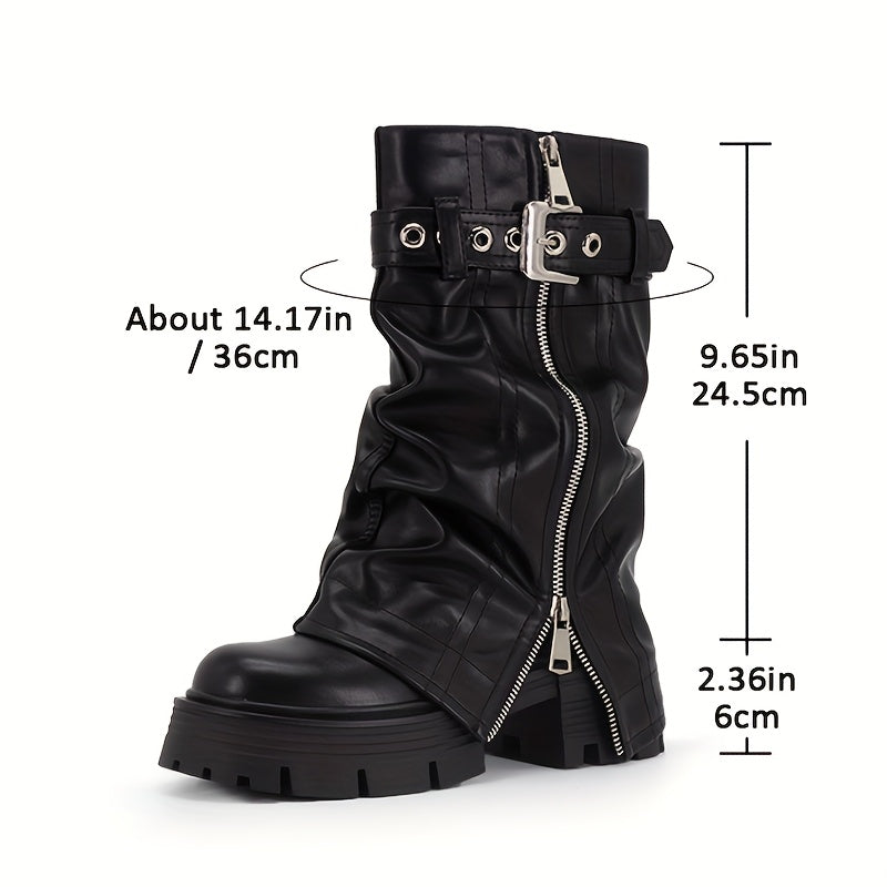 Women's Faux Leather Mid Calf Boots Black Round Toe Platform Zipper