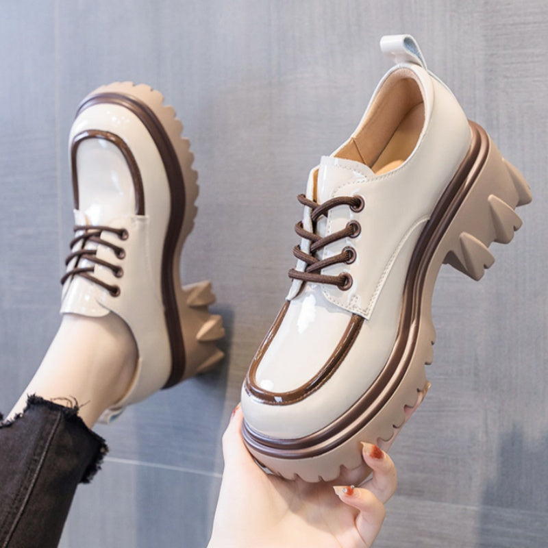 Women's Chunky Heel Loafers White Brown Casual Shoes Thick Sole