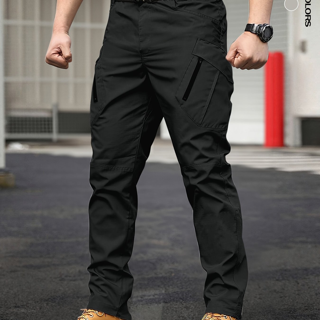 Pantalones tácticos de cargo para hombre de color sólido, ajuste regular, para todas las estaciones, poliéster con bolsillos multifunción