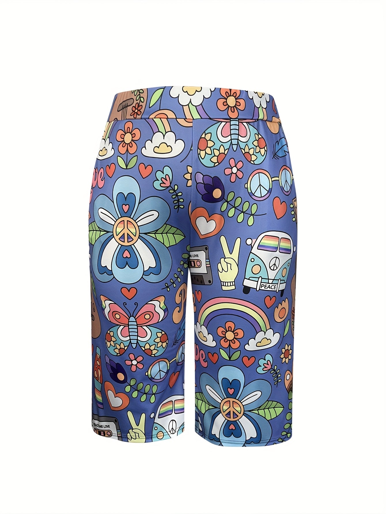 Women's Floral Print Stretch Bermuda Shorts High Waist Blue Purple Lightweight