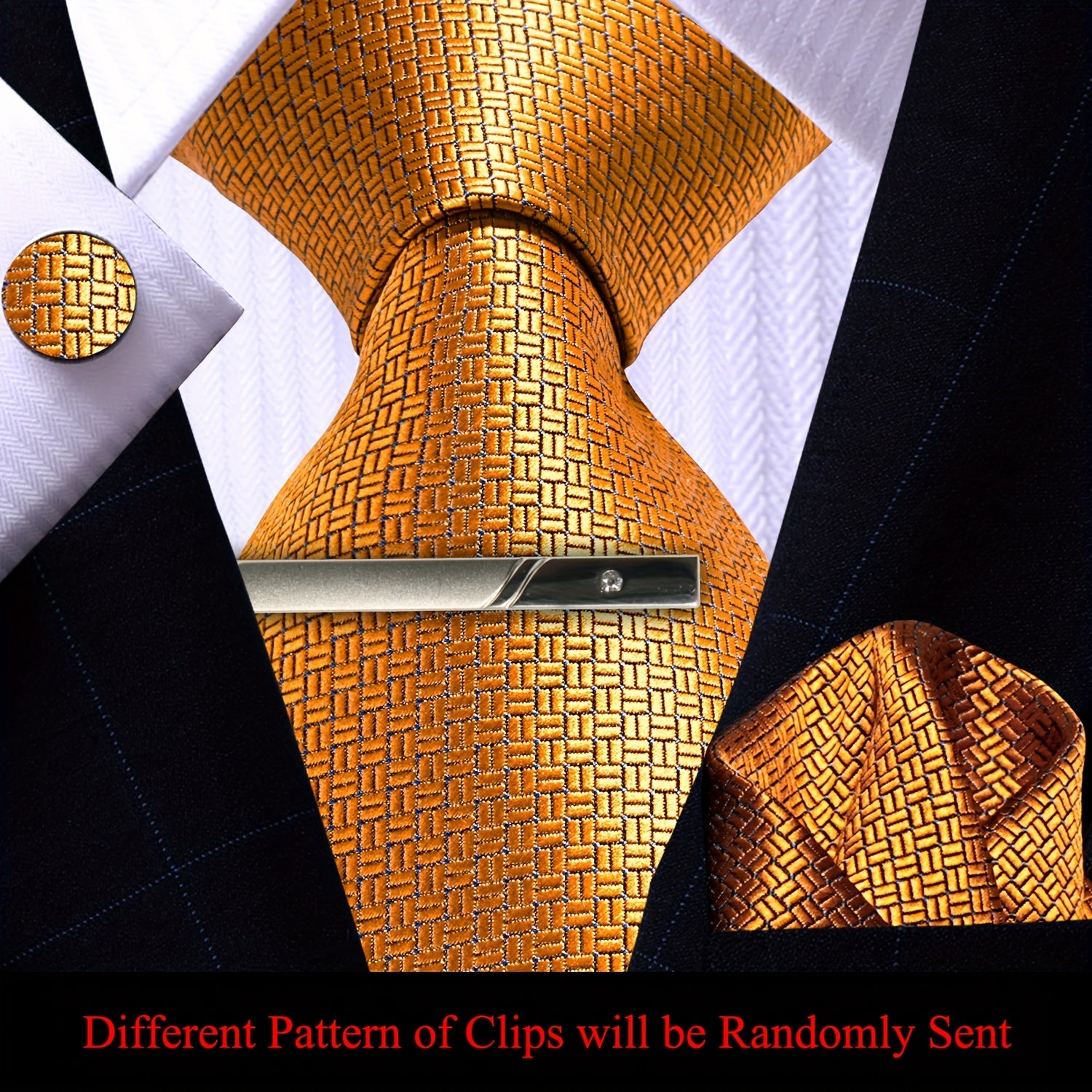 Men's Plaid Tie Pocket Square Cufflinks and Clip Set