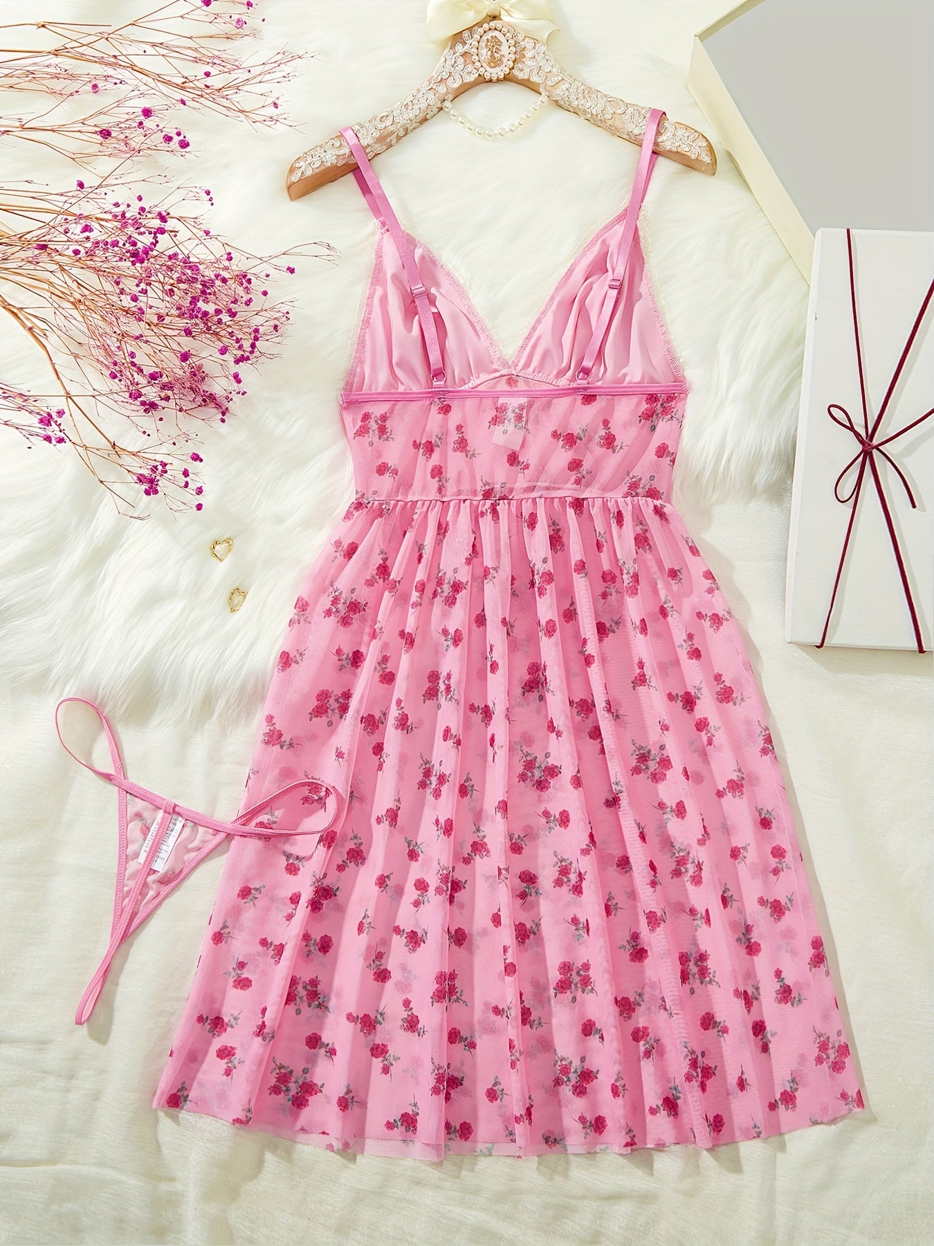 Women's Pajama Set Floral Print V-Neck Slip Dress Thong Polyester Blend Lounge