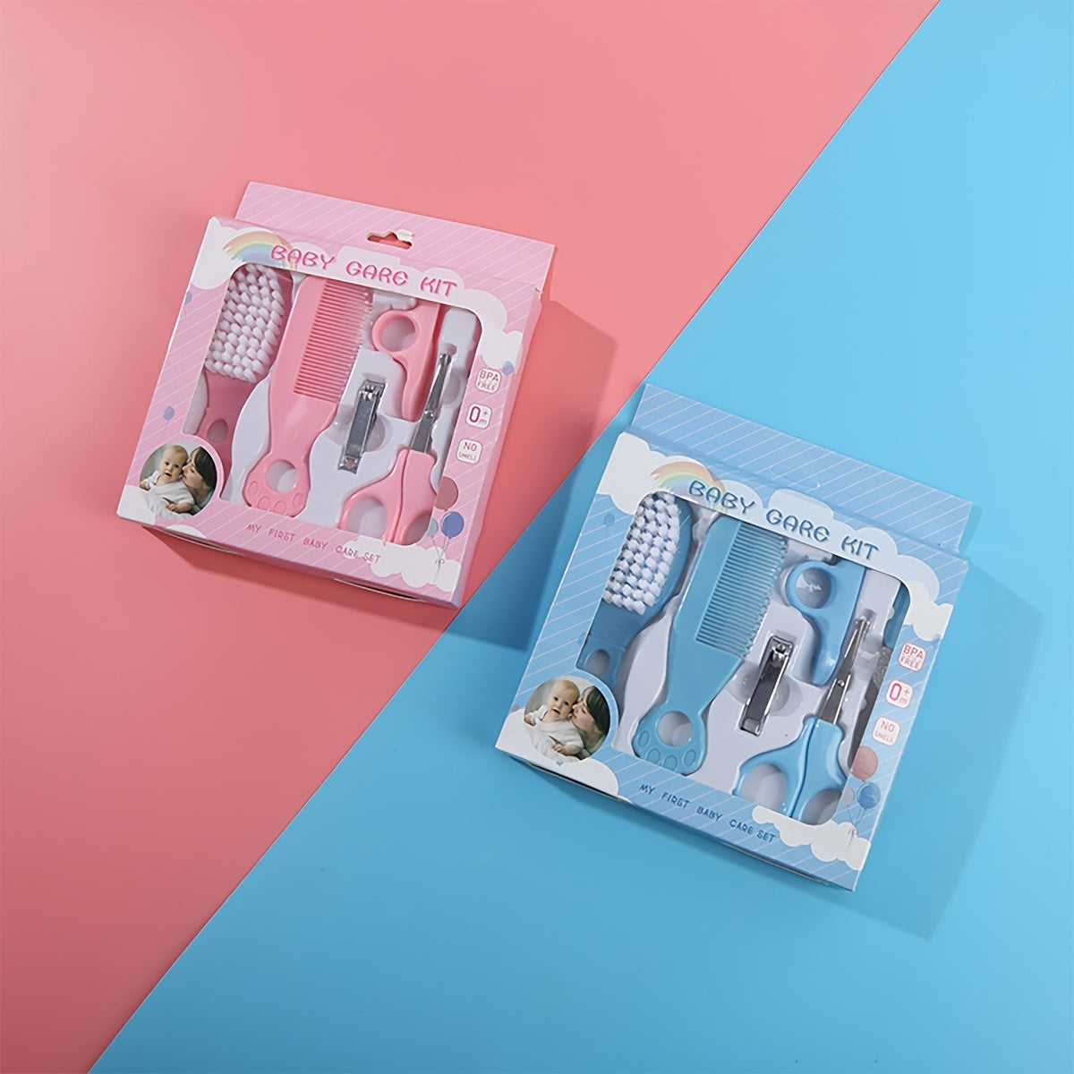 Juego de 6 artículos de cuidado para bebés en una caja con peine, cortaúñas, tijeras, lima de uñas y cepillo