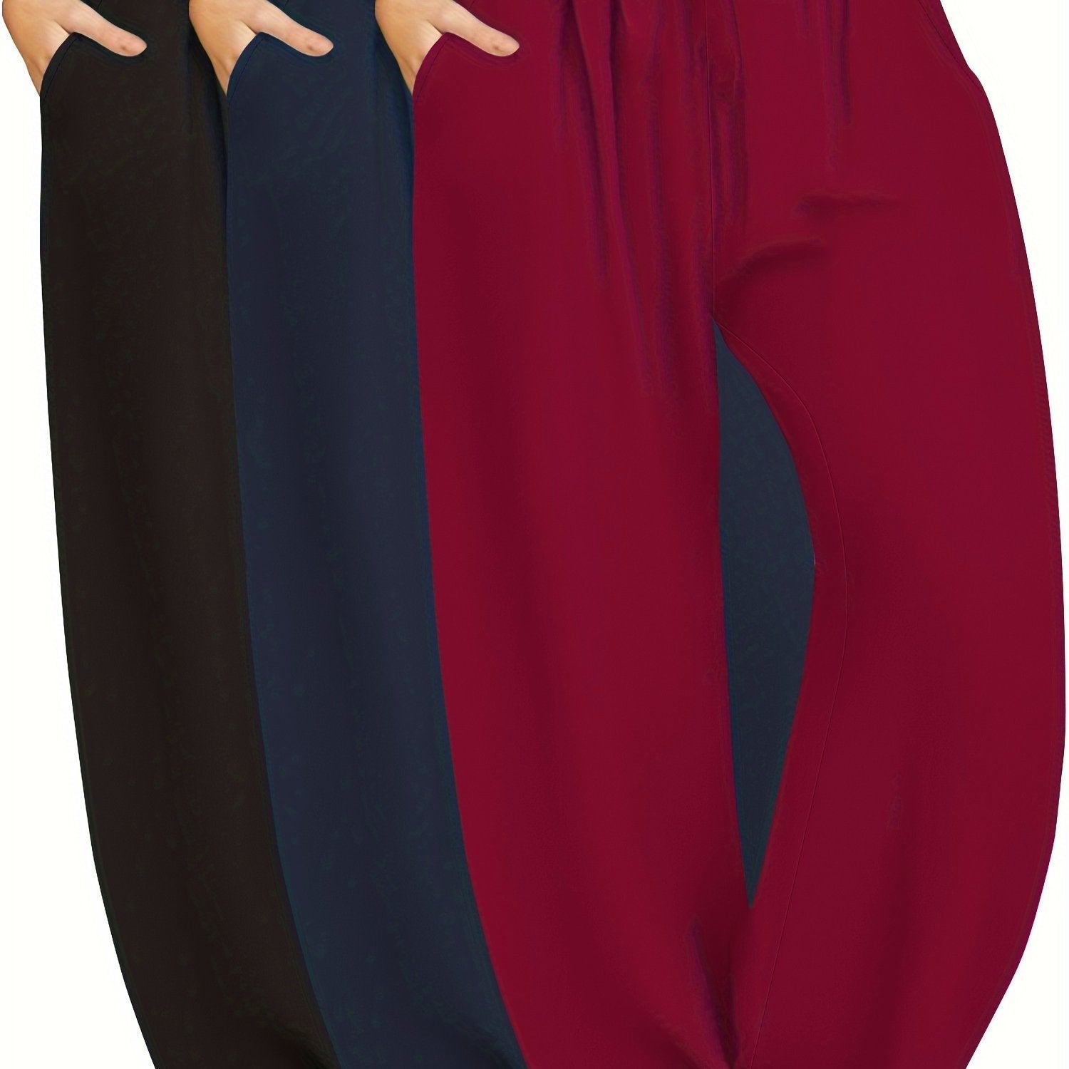 Plus Size High Waist Wide Leg Pants with Pockets and Drawstring in Solid Color 3-Pack
