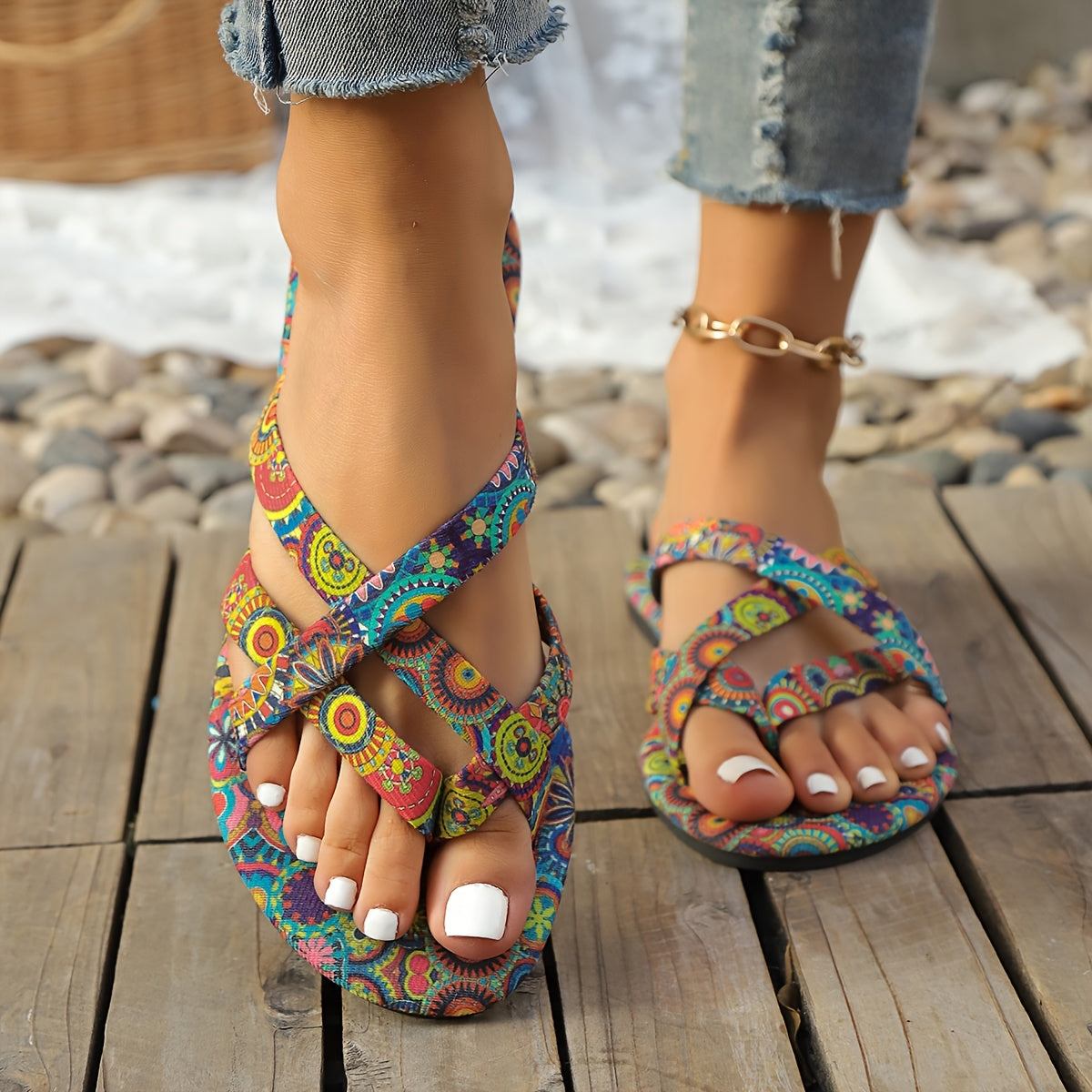 Women's Bohemian Floral Flat Sandals Open Toe Rubber Sole Summer Casual