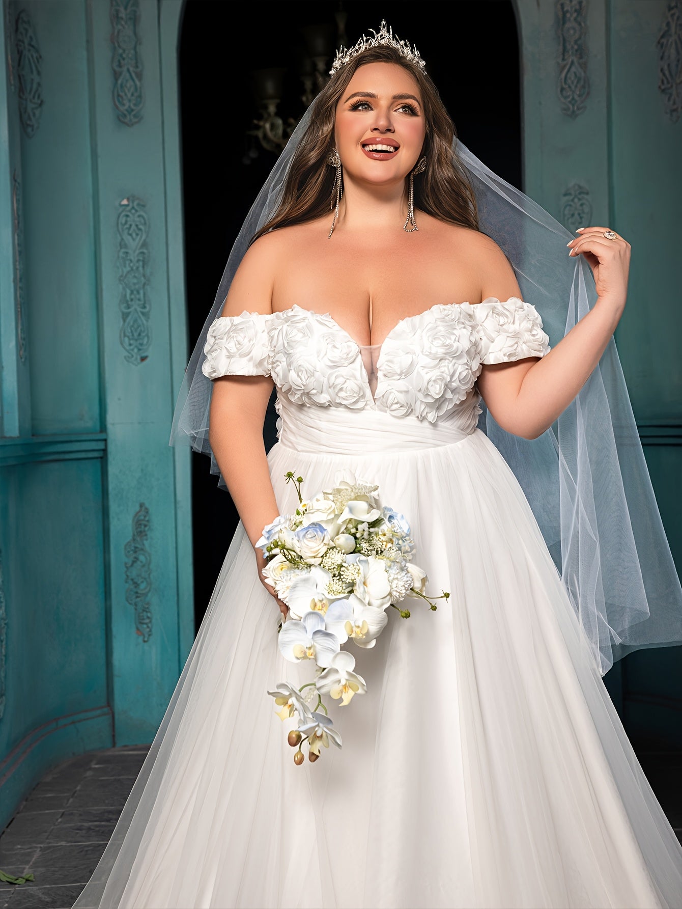 Plus Size Off Shoulder Wedding Dress A-Line Bridal Gown Ruffled Sleeves
