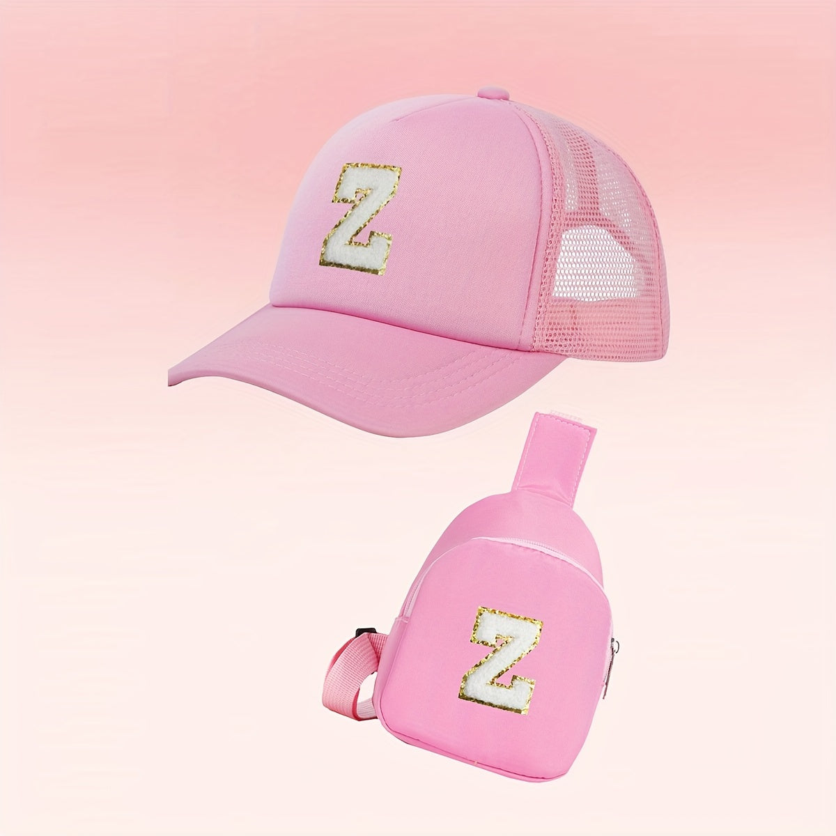 Girls Alphabet-Themed 2-Piece Baseball Cap and Bag Set Polyester Breathable Fitted for Ages 3-14