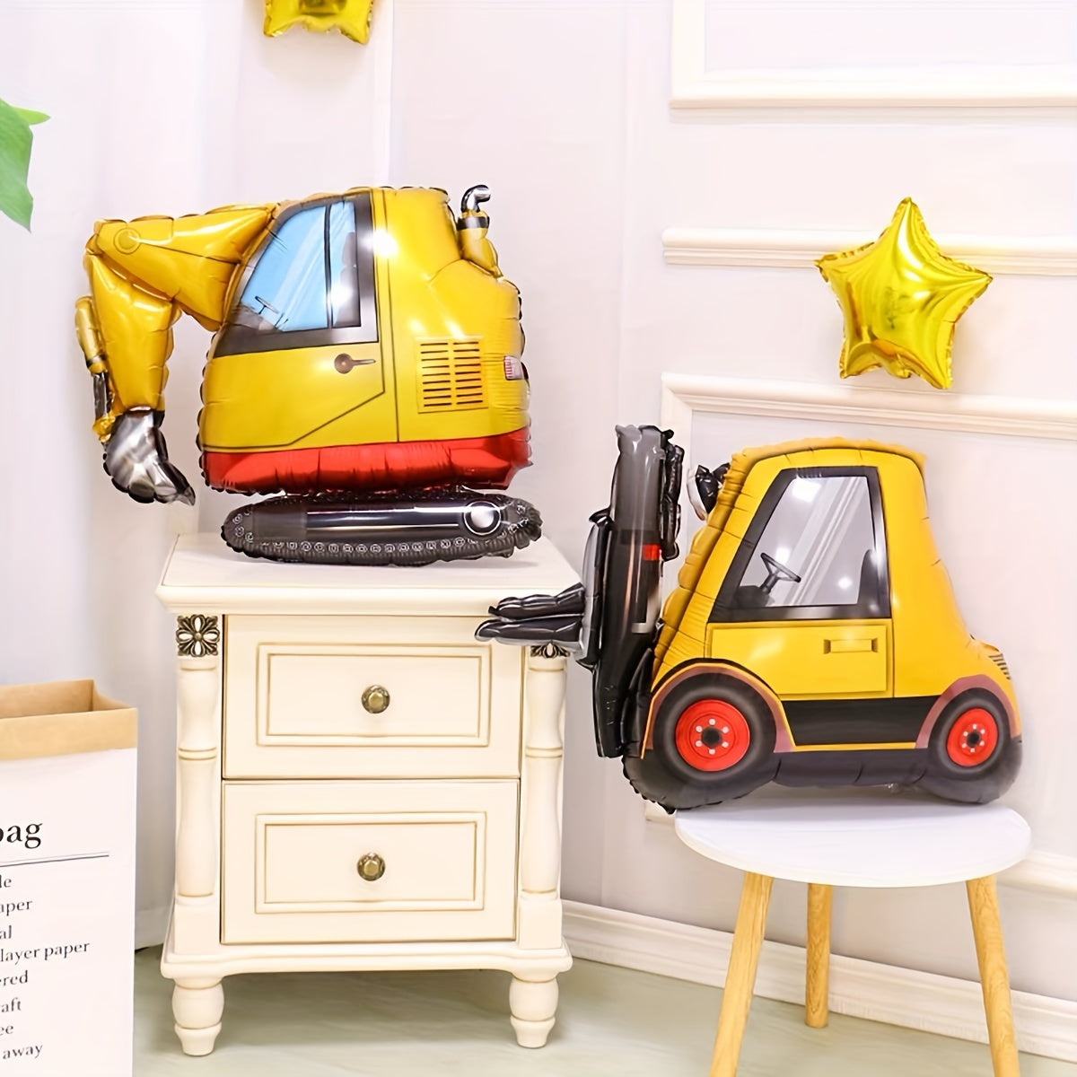 Set of 4 Construction Vehicle Foil Balloons for Birthday Party Decorations