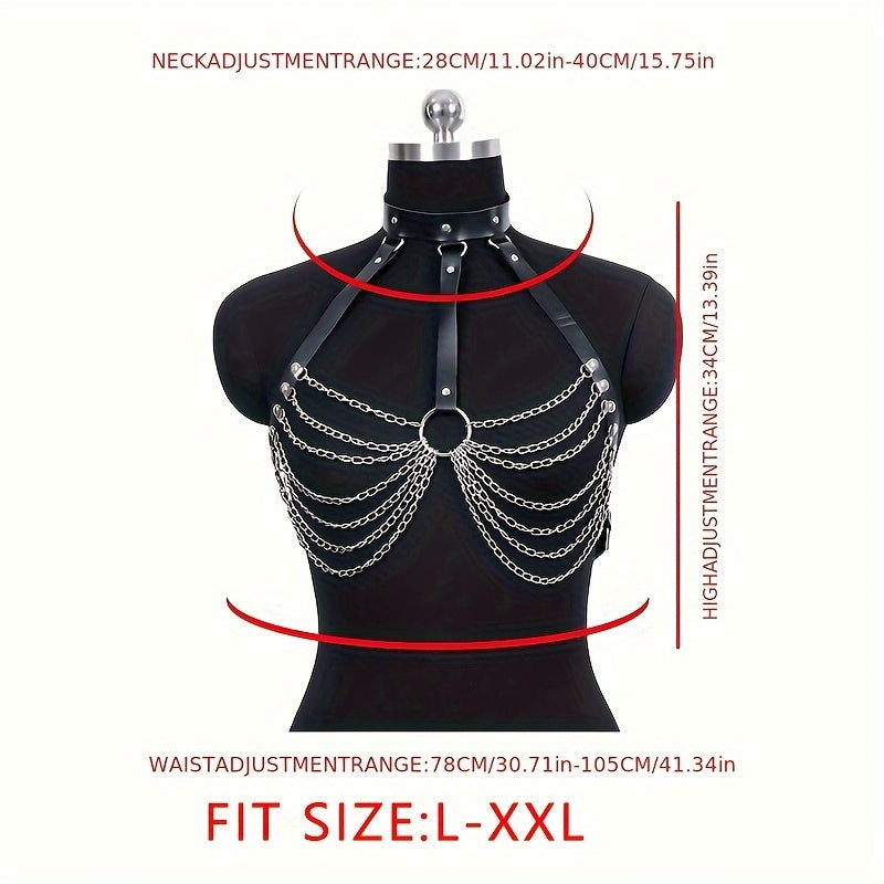 Women's Gothic Chain Belt with Tassels and Hollow PU Leather Chest Cage Bra