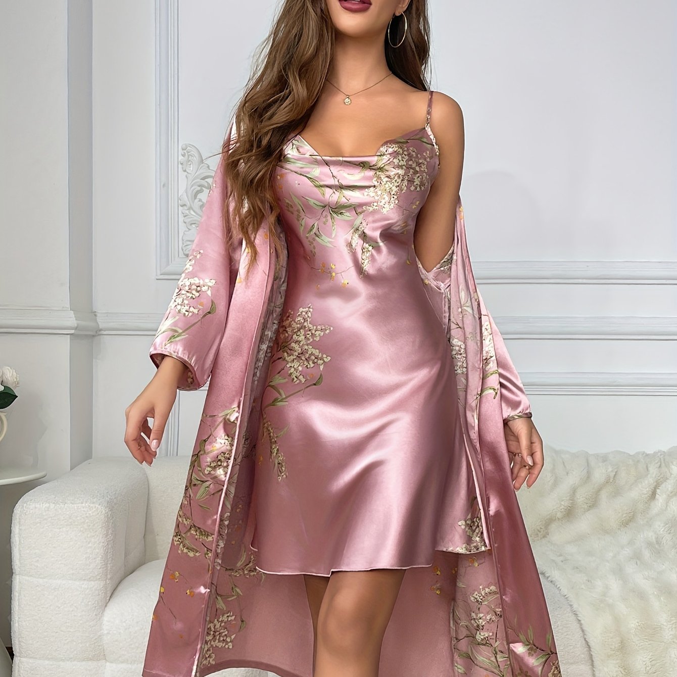 Women's Cherry Print Satin Robe Set 2-Piece All-Season Loungewear