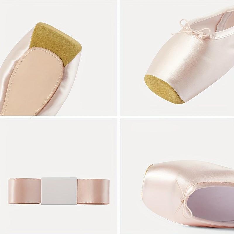 Pink Satin Ballet Pointe Shoes for Women Satin Finish Slip-On Square Toe